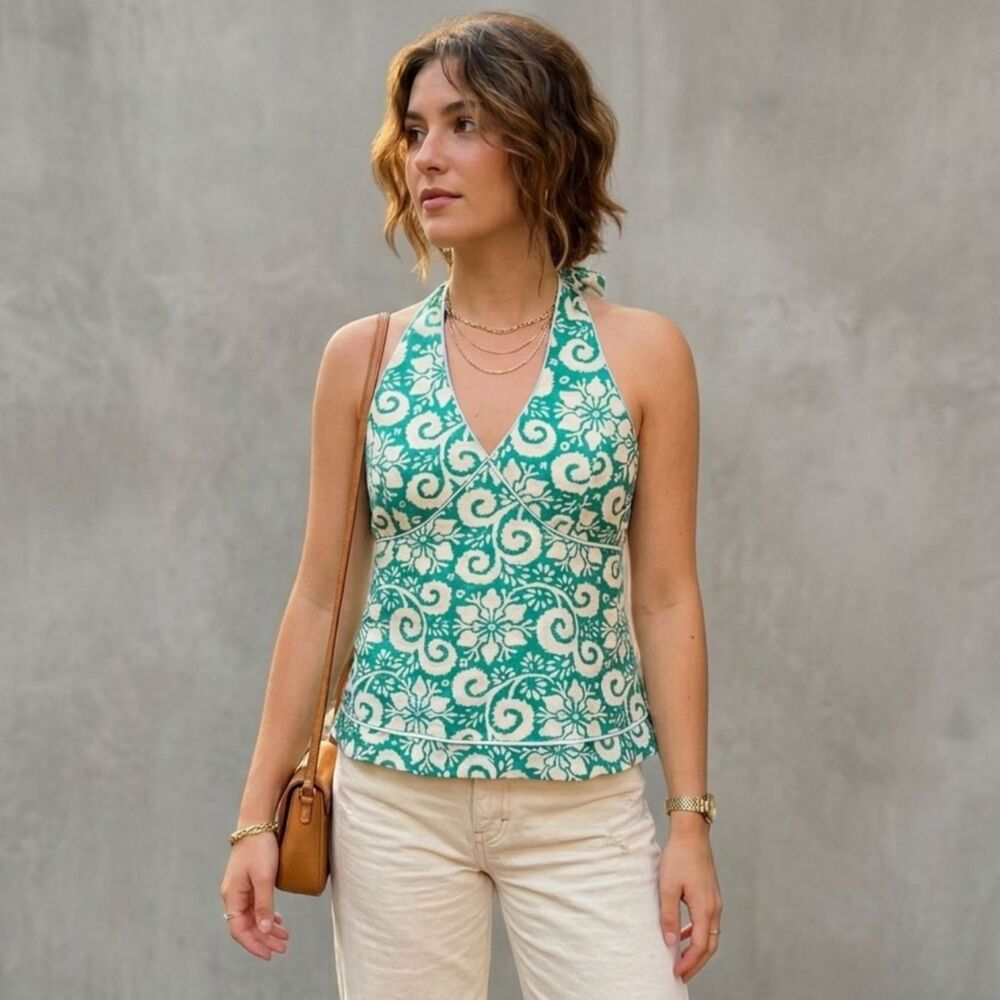 NWT VTG Old Navy Halter Top Y2K Linen Cotton Green Babydoll Beach Women sz Large